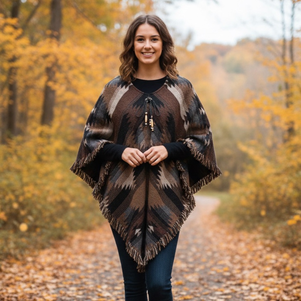 Western West Round Up Sz OS Wool Western Cowboy Fringe Brown Poncho